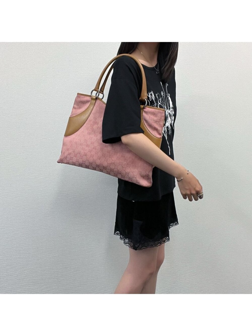 Gucci Tote Shoulder Bag Canvas Leather Pink Beige Silver Vintage